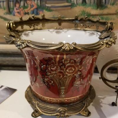 French style brass and porcelain cache pot..