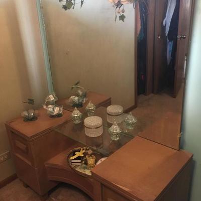 Vintage vanity table w/ large square mirror. Matching dresser and full-sized bed available, too.