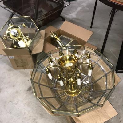 EXCELLENT CONDITION LIGHT FIXTURES, BRASS AND CLEAR BEVELED LEADED GLASS