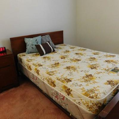 full bedroom set includes bed, single nightstand, tall boy dresser and long dresser 