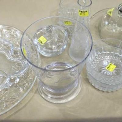 Box lot of glass dishes and platters. vases, bowls, cheese dome...