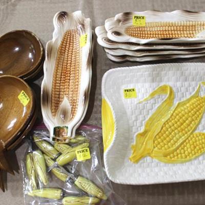 Box lot of antique corn on the cob platter, pins, dishes and pineapple dishes