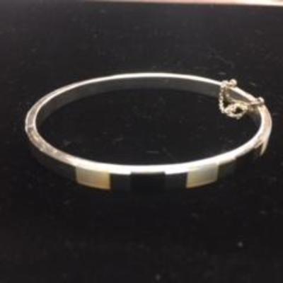 .925 Sterling Silver Cuff Bracelet with Onyx & Mother of Pearl Inlays