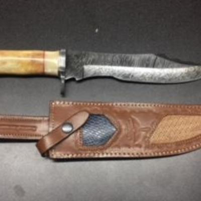 Damascus 14.5" Bowie Knife with Camel Bone Handle & Leather Sheath