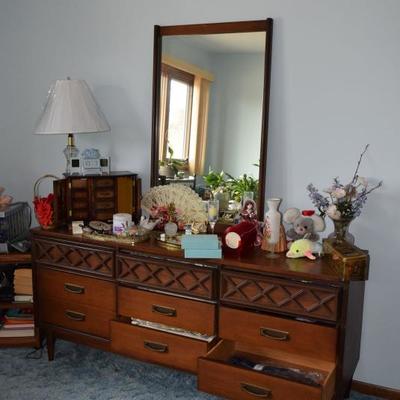 Large bedroom dresser with mirror, decor items