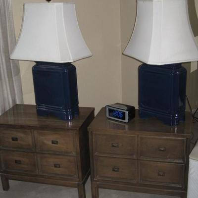 Pair Mid Century Night Stands, Matching Pottery Lamps