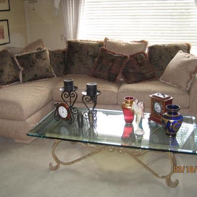 Nearly New Sectional Sofa with Pillow Back, Glass Topped Coffee table 