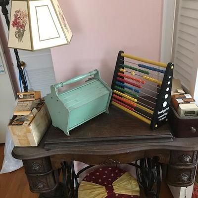 Abacus, Sewing Box and Sewing Machine Table.