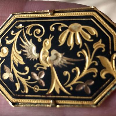 Bird & Flowers Brooch - Damascene, Gold Inlaid Steel, made in Toledo, Spain