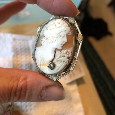 14K Gold Habille Carved Cameo With Diamond Pin and Pendant