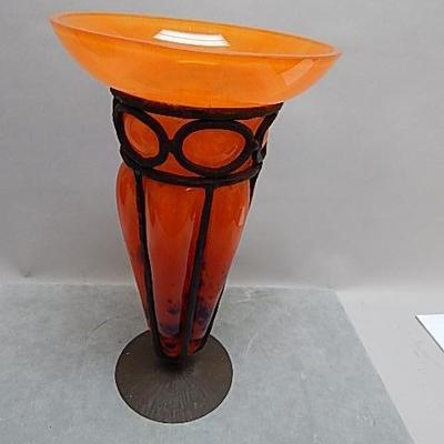 French Deco Art Glass Iron Vase