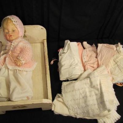 Vintage Doll, Crib and Doll Clothes