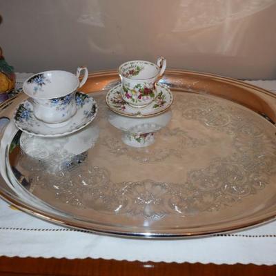 Tea Cups & Saucers on Silver Platter