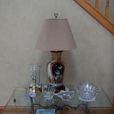 table lamp and glass dishes 