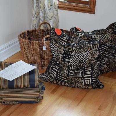 Pillows, Wicker Basket W/Handles, & Linens