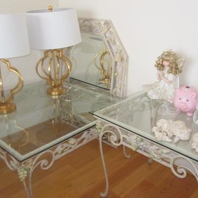 Glass and wrought iron tables and mirror, lamps