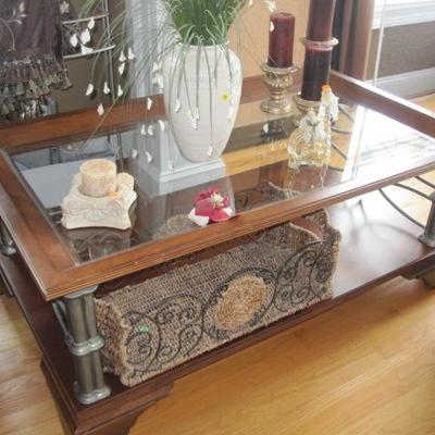 Glass, wood and wrought iron coffee table.  Two end tables and sofa table complete the grouping.