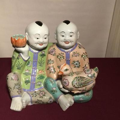 Asian Porcelain Buddhas Holding Flower and Bird