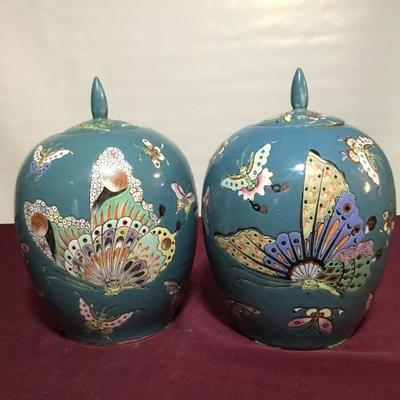 Asian Teal Ginger Jars with Butterfly Designs