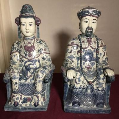 Asian Porcelain Statues King and Queen on Thrones