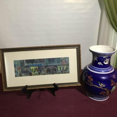 Blue Asian Porcelain Vase and Artwork