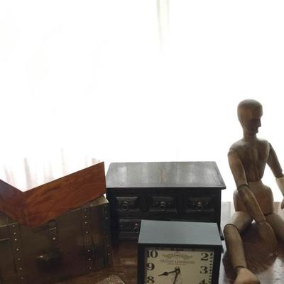 Assortment of Boxes, a Clock, and a Wood Figure