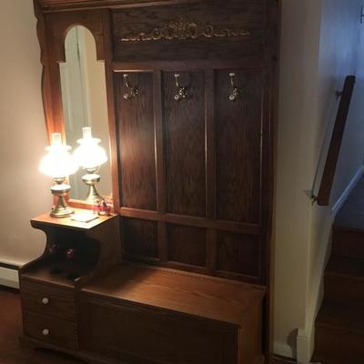 $700  Hall Tree, custom-made, solid oak.  Hooks, seat, storage, & drawers.  (photo 1 of 4) * Cash Only.  No Returns. Local Pick Up In...