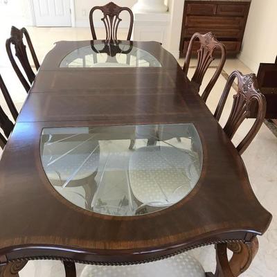 Universal Furniture Company Dining Set; Unique Dining Table With Beveled Glass Panels, 2 Extension Leaves, 6 Chairs, and Matching China...