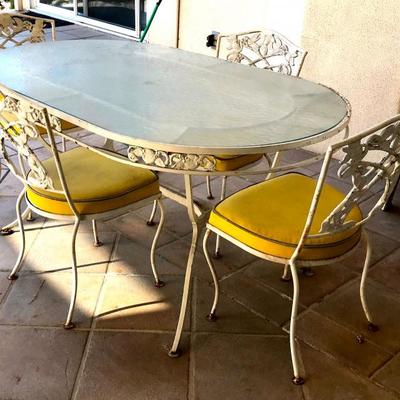 Mid Century Wrought Iron and Glass Top Dining Table And 4 Chairs. 