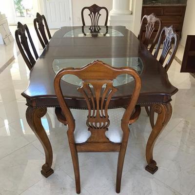 Universal Furniture Company Dining Set; Unique Dining Table With Beveled Glass Panels, 2 Extension Leaves, 6 Chairs, and Matching China...