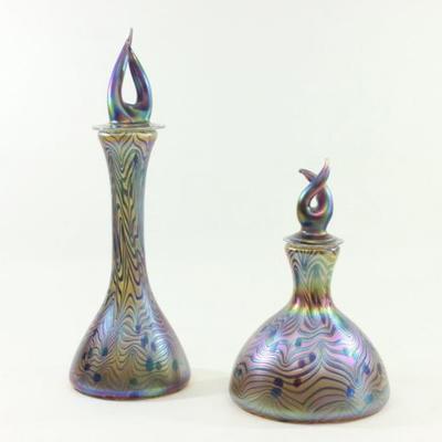 Lot 23: 2 Art Glass Bottles with Flame Stoppers 