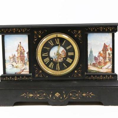 Lot 65: 19th Century Mantel Clock with Scenic Tiles 