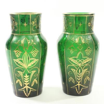 Lot 16: Pair Czech Green Glass Etched & Gilded Vases 