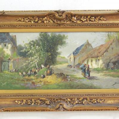 Lot 455: Paul Devillers, Landscape with Figures & Chickens 