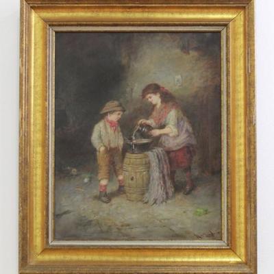 Lot 491: Mark W. Langlois, Children Washing a Doll 