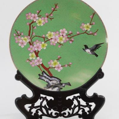 Lot 552: Chinese CloisonnÃ© Dish on Carved Stand 