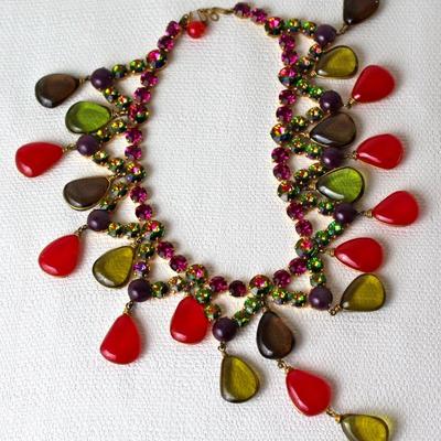 colorful selection of necklaces including this unique, dramatic piece