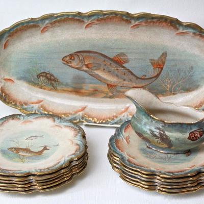 antique fish plate set by Empire Works, Stoke-on-Trent, England, including hand decorated platter, 12 plates, and sauce boat