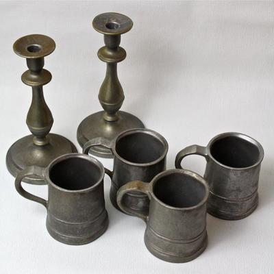 pewter candlesticks & mugs