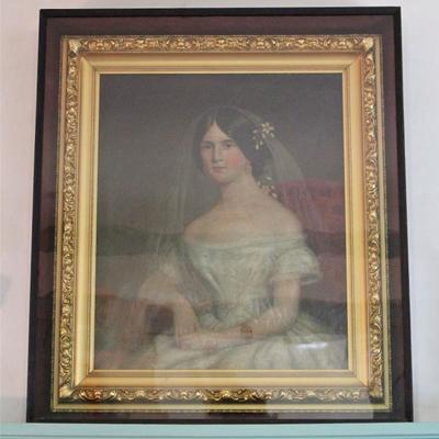 circa 1870s bridal portrait painting of Miss Mary C. Matheny, wed to Mr. Walter James Land, preserved in custom glass case