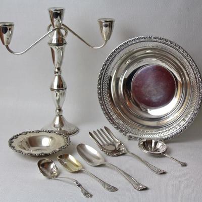 sterling candelabra, bowls, tea strainer, and serving pieces