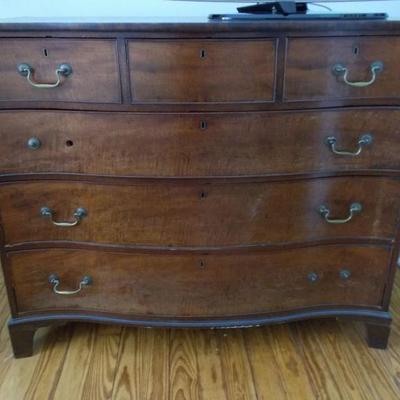 Antique bow fronted chest of drawers $450