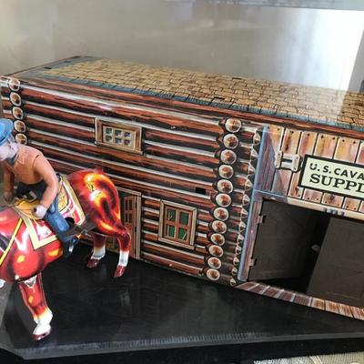 US Cavalry  Supplies tin fort. Vintage Mikuni tin cowboy on windup horse. As is. 