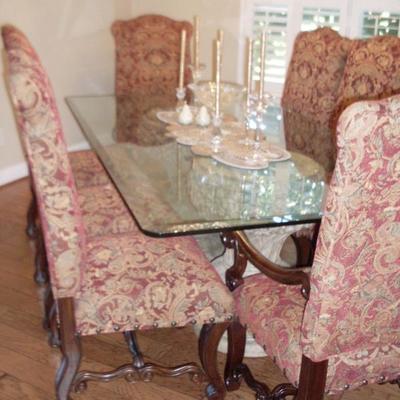 BEVELED GLASS TOP TABLEWITH 2  AND UPHOLSTERED CHAIRS