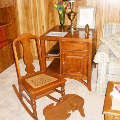 slipper rocker with cane seat, unusual table, wood footstool, etc.