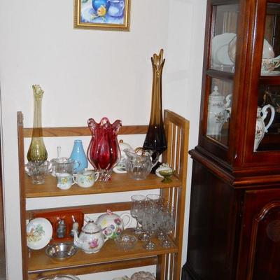 framed original art, art glass vases, teapots, glassware, etc.