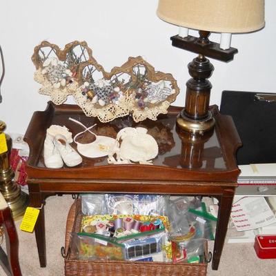 lamps, mahogany tray table, sewing items, leather baby shoes, etc.