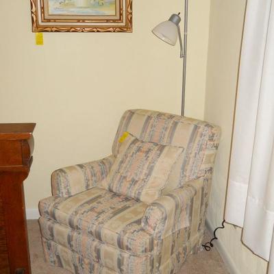 upholstered chair & pillow, framed original art