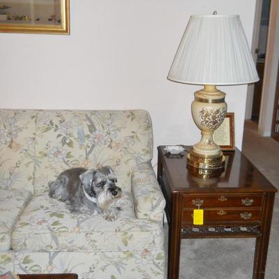 Lane end table, beautifully decorated with gold lamp,  Shelley dish (dog not for sale)