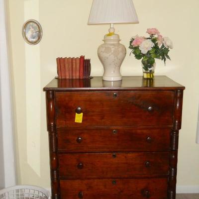 vintage Empire chest of drawers, beautifully decorated lamp, etc.